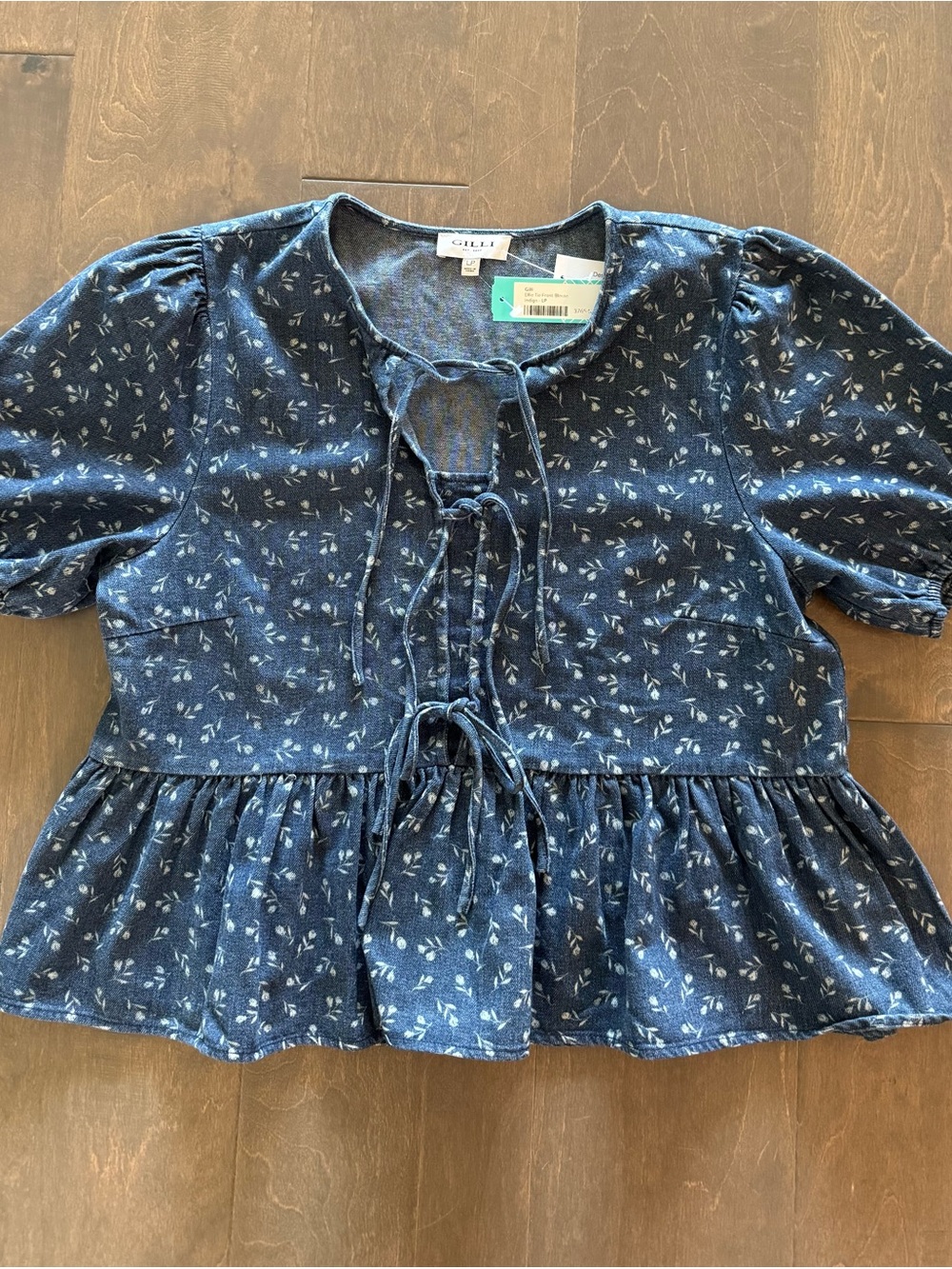 Gilli Navy Floral Peplum Tie-Front Blouse